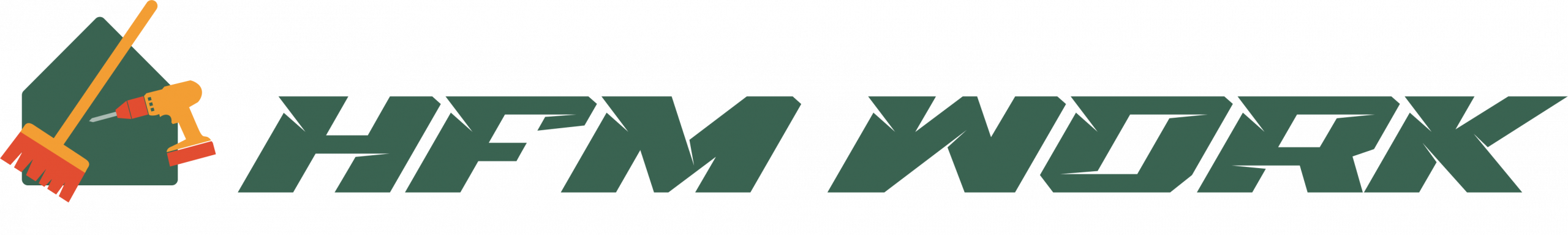HFM Work Logo mit Haus, Besen und Bohrmaschine – Hausmeisterservice für Reinigung und Reparatur in Bremen